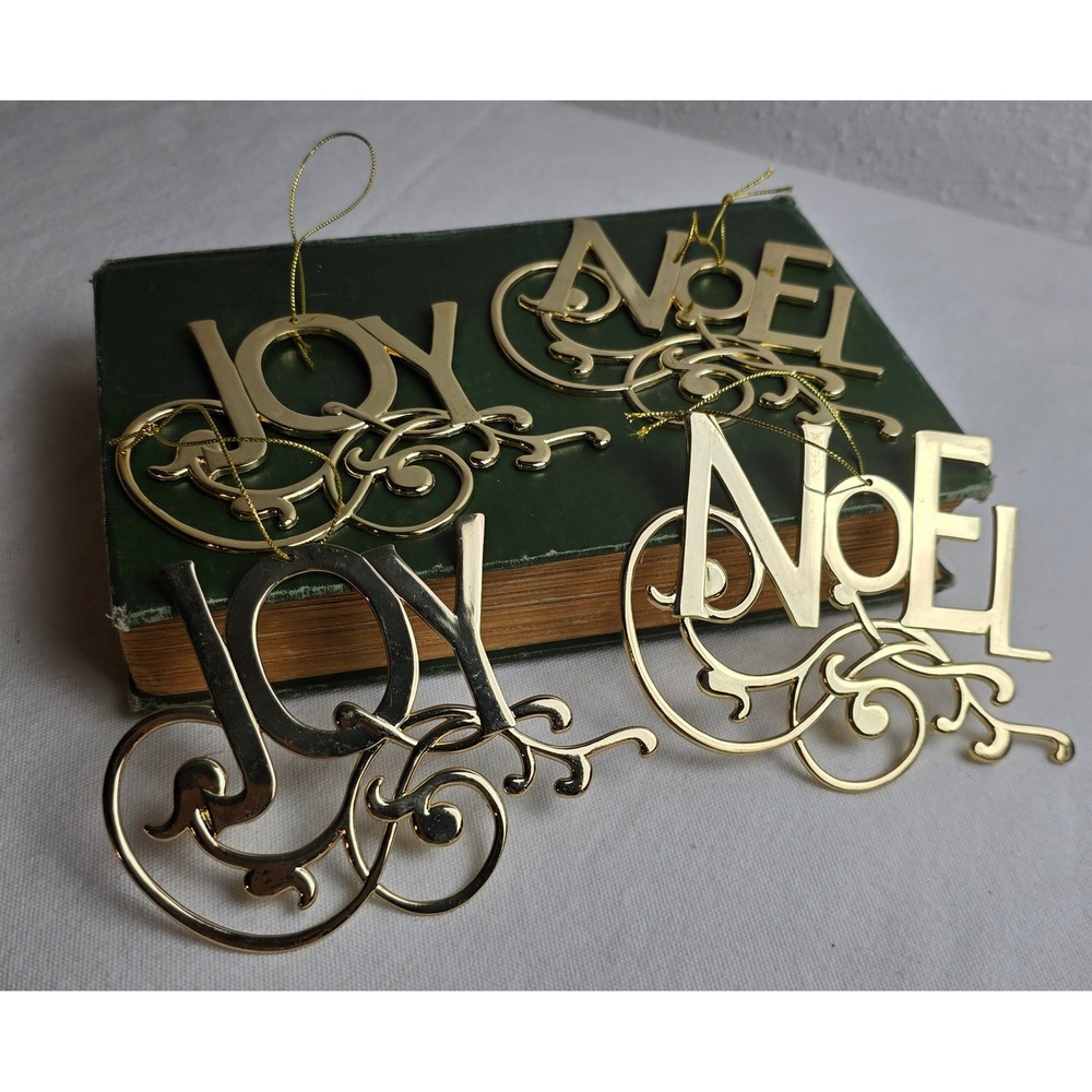 Gold Metal Joy Noel Christmas Ornaments Set of 4 Filigree Scrollwork Holiday